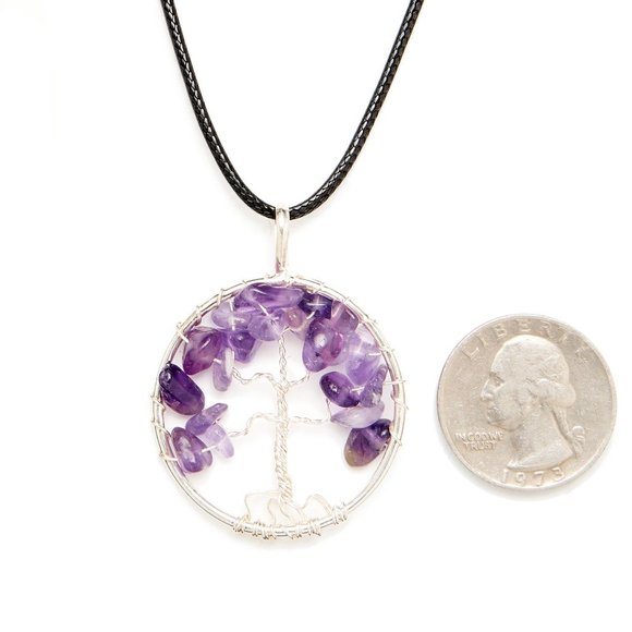 Round Silver Pendant Wire Wrapped Amethyst Tree of Life Fashion Necklace - Picture 2 of 8